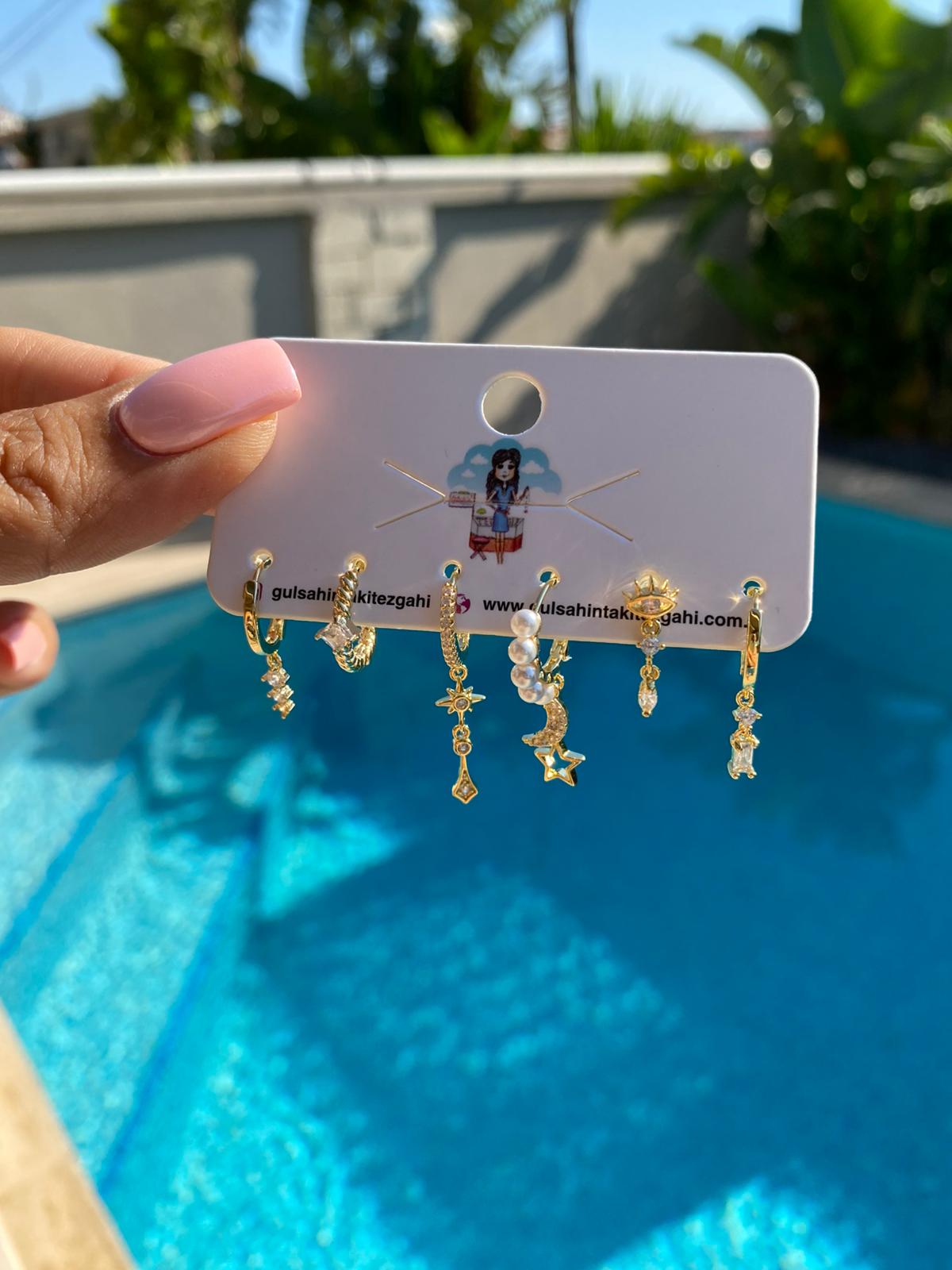 Moon stone 6'lı set küpe